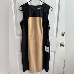 Calvin Klein Colorblock Sheath Dress Black Tan Sleeveless Knee Length NWT Sz 8